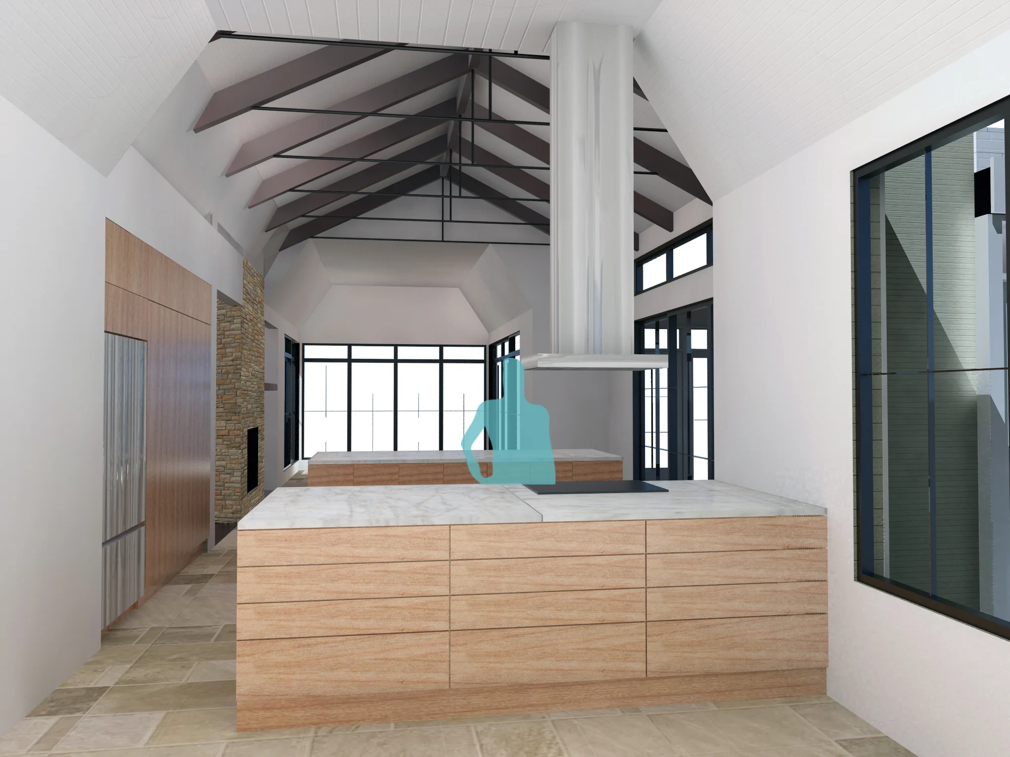Light-filled residential interior with views toward Little Peconic Bay